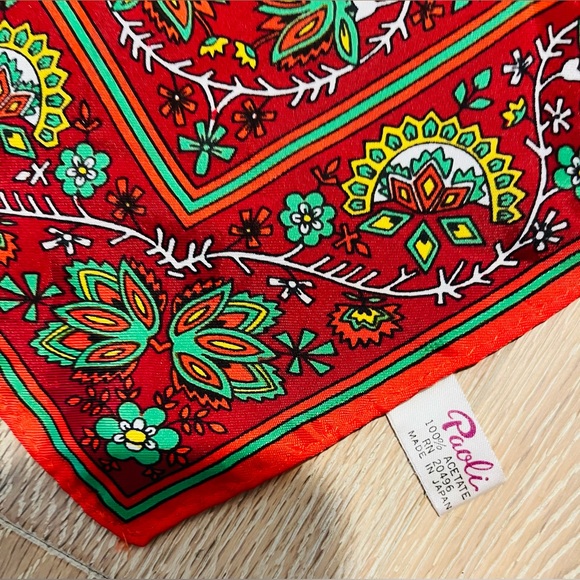 PAOLI Paisley Floral Scarf Red Yellow 27”x27” Made in Japan - Picture 6 of 13